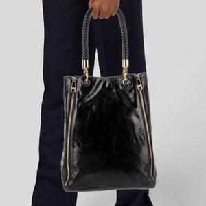 Badgley Mischka black leather zipper detail gold hardware rope woven strap bag